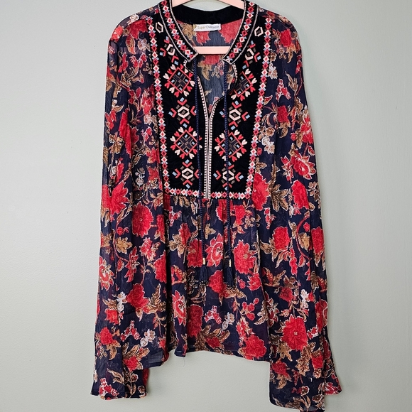 NWOT Red Blue Floral Boho Embellished Sheer Bell Sleeve Top Embroidered Collar M - Picture 1 of 9